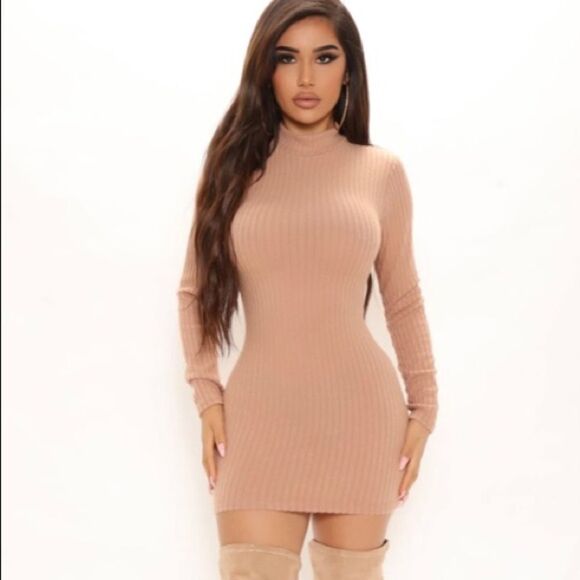 Nude Mock Neck Long Sleeve Dress - Picture 1 of 7